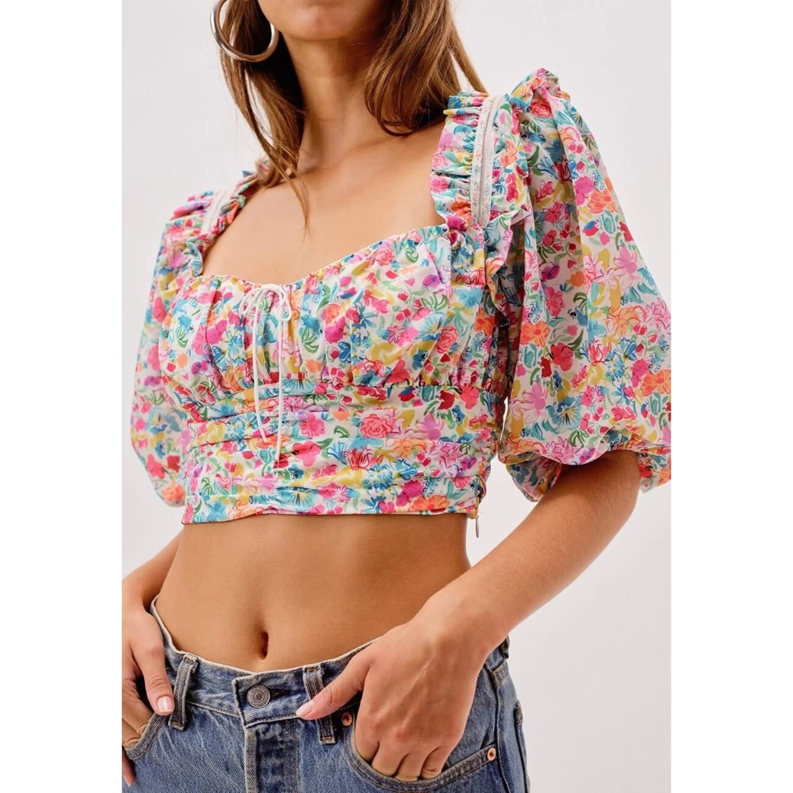 For Love & Lemons Multi Color Floral Claude Puff Sleeve Crop Top Size Xs